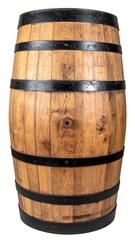 Obraz premium A tall, weathered wooden barrel with metal hoops, isolated on a white background. The barrel shows natural wood grain and slight imperfections
