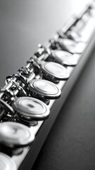 Obraz premium A monochrome close-up of a gleaming silver flute, angled slightly