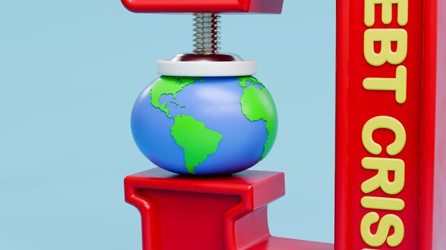Concept: Global Debt Crisis. The planet earth under pressure in a vise with the text "Debt Crisis" on it. Vise closing and pressing planet earth. Zooming in