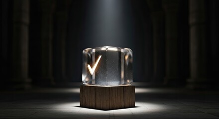 Crystal Cube with Check Mark on Wooden Stand Spotlighted Symbolizing Success