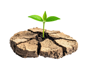 A small, vibrant green sprout emerges from cracked, arid earth against a black background