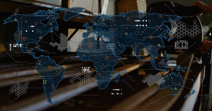 Projecting blue world map overlaying benches in conference hall with network grid and warning icons - Powered by Adobe