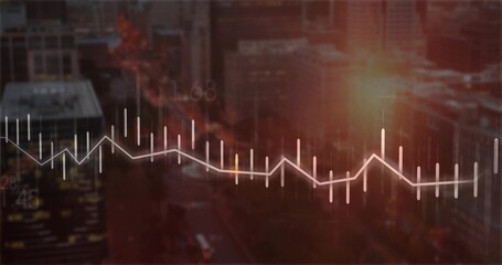 White candlestick line graph overlay floating over downtown at twilight, with bars and trend line