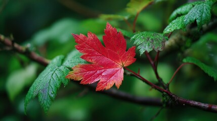 Vibrant Red Maple Leaf with Water Droplets Amidst Lush Green Foliage
