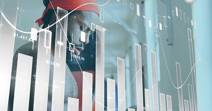 Projecting dollar graphs onto fit athlete wearing red headband, shorts in gym corridor, copy space