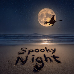 A Moonlit Beach Scene with Large Glowing Full Moon and Shimmering Reflections on Wet Sand – great for inspirational wall art