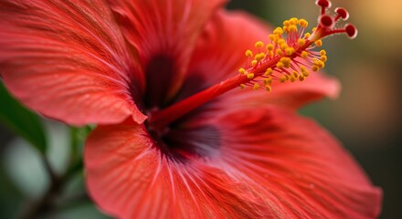 A closeup of a vibrant red hibiscus flower highlighting its stamen pistil and textured petals against a blurred natural background