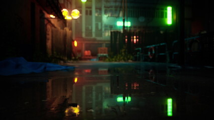 In a quiet urban alley, neon lights cast colorful reflections on the rain soaked pavement. Shadows dance along brick walls while a sense of mystery hangs in the air at night.