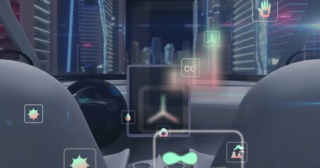 Displaying holographic interface hovering above console in car cabin, with neon skyline