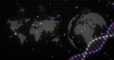 White dotted globe rotating in virtual data interface, with purple DNA helix and grid overlay
