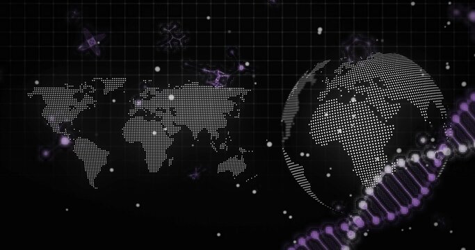 White dotted globe rotating in virtual data interface, with purple DNA helix and grid overlay