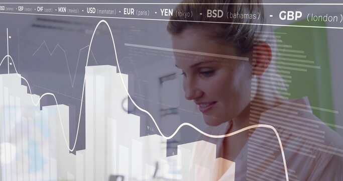 Businesswoman analyzing financial charts at office desk, with USD and EUR symbols, copy space - Powered by Adobe
