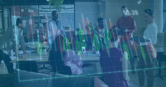 Professionals in business attire analyzing markets at meeting table, with financial chart overlay