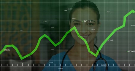 Nurse in blue scrubs with stethoscope standing in hospital corridor, with green line chart on grid