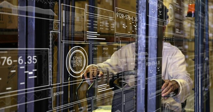 Operating forklift behind cage bars in warehouse aisle, with stacked boxes and analytics overlay - Powered by Adobe