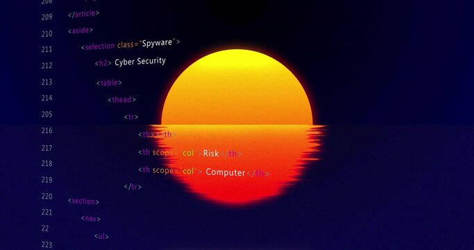 Naklejki Stylized sun graphic displaying on digital interface, with reflective water and HTML code overlay