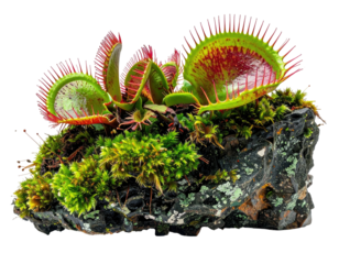 A vibrant carnivorous plant with tooth-like structures poised on a rock base, moss adding greenery