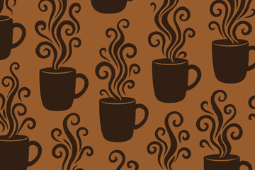 Obraz premium Creative pattern of steaming coffee mugs on a warm brown background perfect for coffee lovers and cozy settings