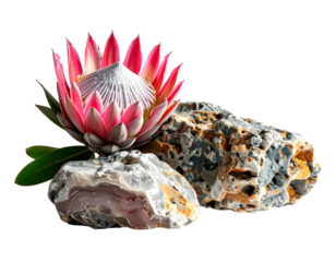 Still life composition vibrant protea flower nestled with textured, colorful rocks against black