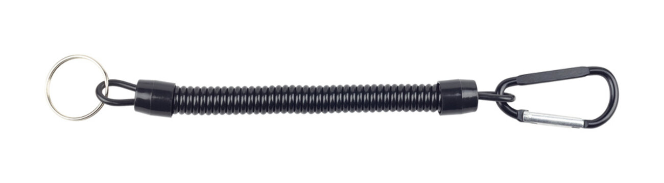 Retractor with carabiner and cable, Keychain with Cable, retractable carabiner with cable for keys, isolated from the background	
