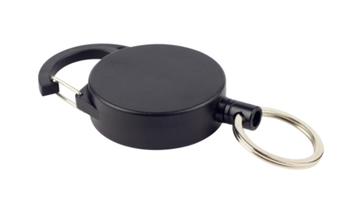 Retractor with carabiner and cable, Keychain with Cable, retractable carabiner with cable for keys, isolated from the background	