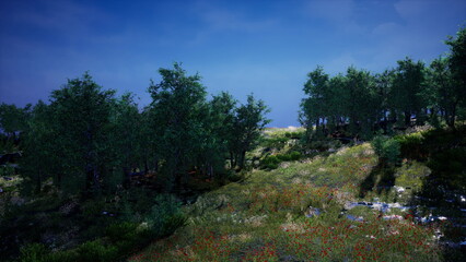 A vibrant landscape unfolds with rolling hills covered in colorful blooms and dense green trees. The sun shines brightly, creating a rich and inviting scene of natures beauty.