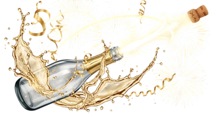 Champagne bottle exploding with cork flying and golden splash, isolated on transparent background