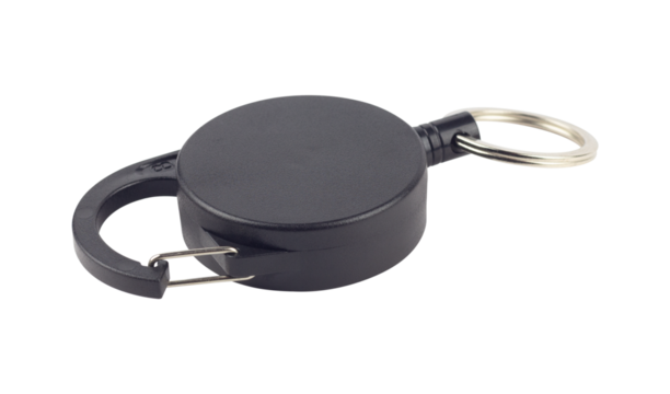 Retractor with carabiner and cable, Keychain with Cable, retractable carabiner with cable for keys, isolated from the background	