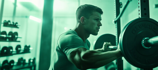 Man doing barbell squats in gym with full-body shot. Modern aesthetic Fitness-focused scene emphasizing strength and dedication in well-equipped workout space. People activities and health concept