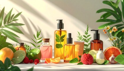 Assorted beauty products with fruit and plants on a white surface