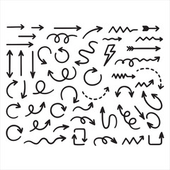 Collection of black hand-drawn grunge arrows, sketch style vector design on white background.