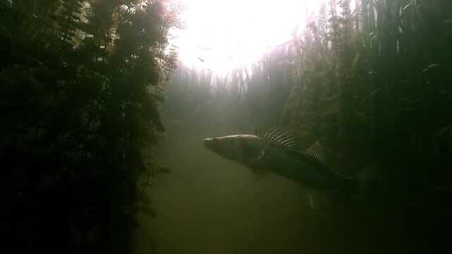 Medium shot of a zander &ndash; Sander lucioperca &ndash; slowly swimming upward into aquatic plants, showing its natural camouflage and fluid movement.