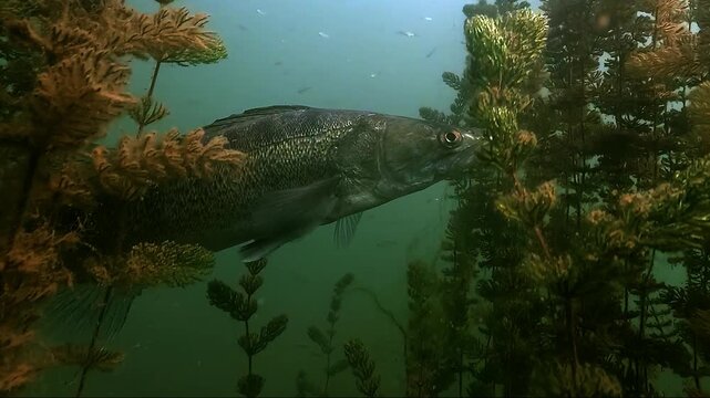 Zander &ndash; Sander lucioperca &ndash; rises slowly from the lakebed among aquatic plants. Close-up reveals its stealthy posture and calm movement through the vegetation.