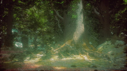 Soft sunlight streams through the canopy, highlighting the roots of a majestic tree. The forest is alive with rich greenery and vibrant light, creating a tranquil atmosphere for exploration.