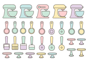 Colorful kitchen utensils and appliances arranged in a neat pattern on a white background ideal for baking and cooking