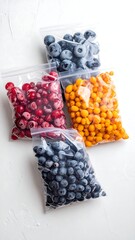 Assorted berries in clear bags, arranged on a white surface