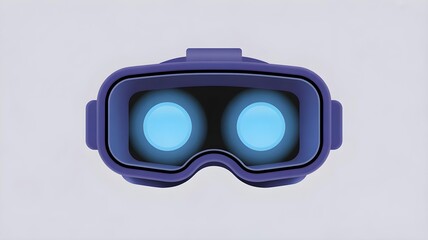 A 3D icon of a VR headset with glowing blue lenses.