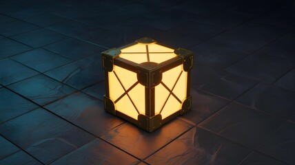  A 3D model of a glowing, magical loot box, closed and mysterious, radiating light.