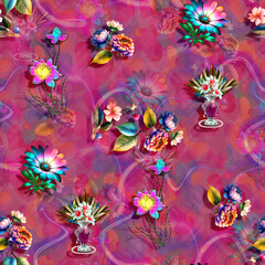 Floral Background Color Pattern Image Cute Graphics Digital Vintage Colour.Tropical seamless pattern background with exotic flowers, palm leaves, jungle leaf, hibiscus, orchid flower