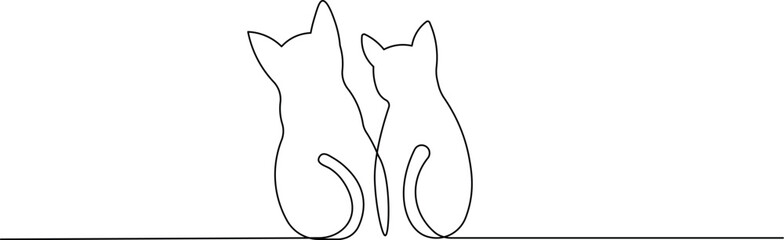 One Line Art Two Cats - Minimalist Continuous Line Drawing of Pet Cats Vector Illustration