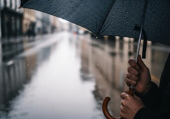 Person holding umbrella with raindrops on it during rainy day in the city
