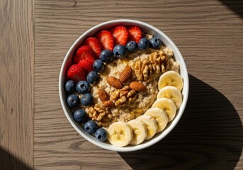 Oatmeal bowl with fresh fruits and nuts on wooden table in bright sunlight