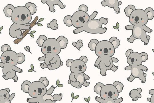 Cute koala patterns featuring playful koalas on branches, leaves, and lying around in a cheerful arrangement