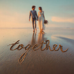 Close-Up of Joyful Couple Laughing Under Golden Sunset on Reflective Beach Sand – ideal for posters