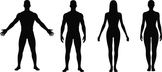 Black silhouette male and female human body figures front and back view, anatomy posture, standing pose vector illustration design for study