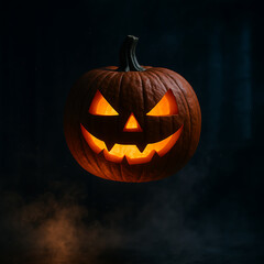 Glowing jack-o-lantern with smoky background in dark atmosphere.