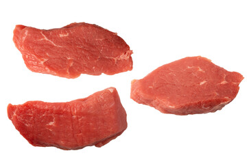 Veal pieces raw isolated on white background.