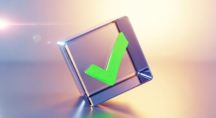 Green check mark inside glass cube on abstract light background