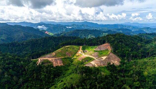 Aerial view of deforested land amidst lush, green mountain ranges