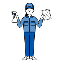 スプレー洗剤と雑巾を持つ清掃業者の女性（全身）